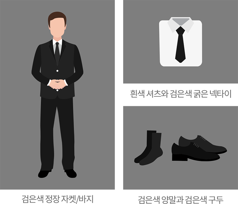 검은색 정장자켓/바지, 흰색셔츠와 검은색 굵은 넥타이, 검은색 양말과 검은색 구두